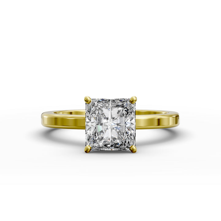 Square radiant diamond solitaire engagement ring shown in front view.