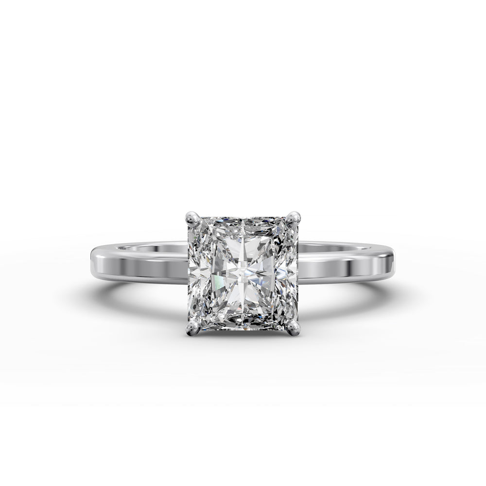 Square radiant diamond solitaire engagement ring shown in front view.