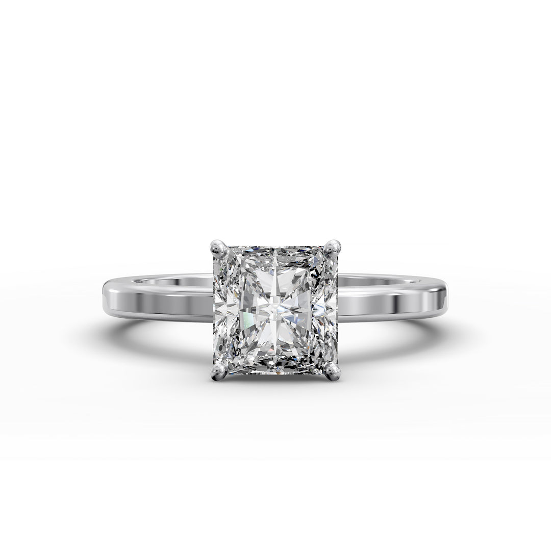 Square radiant diamond solitaire engagement ring shown in front view.