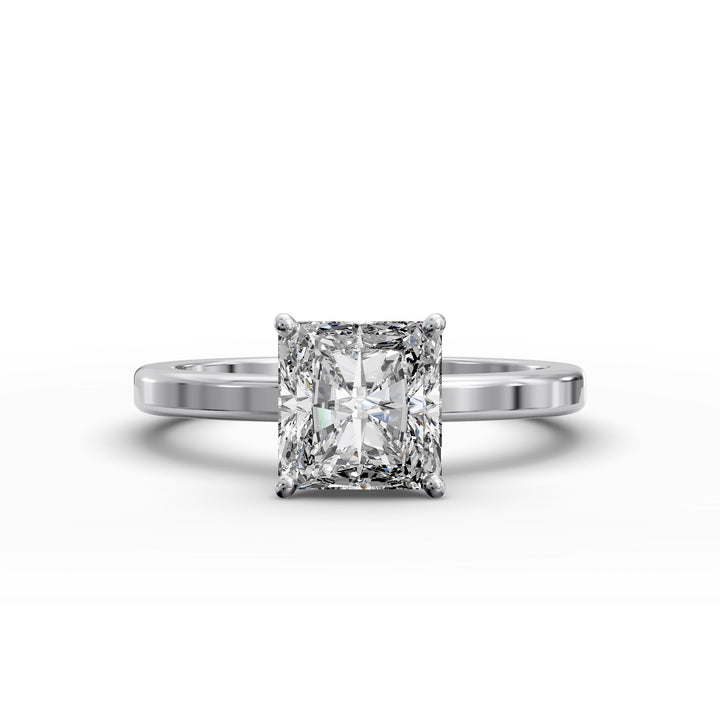 Square radiant diamond solitaire engagement ring shown in front view.