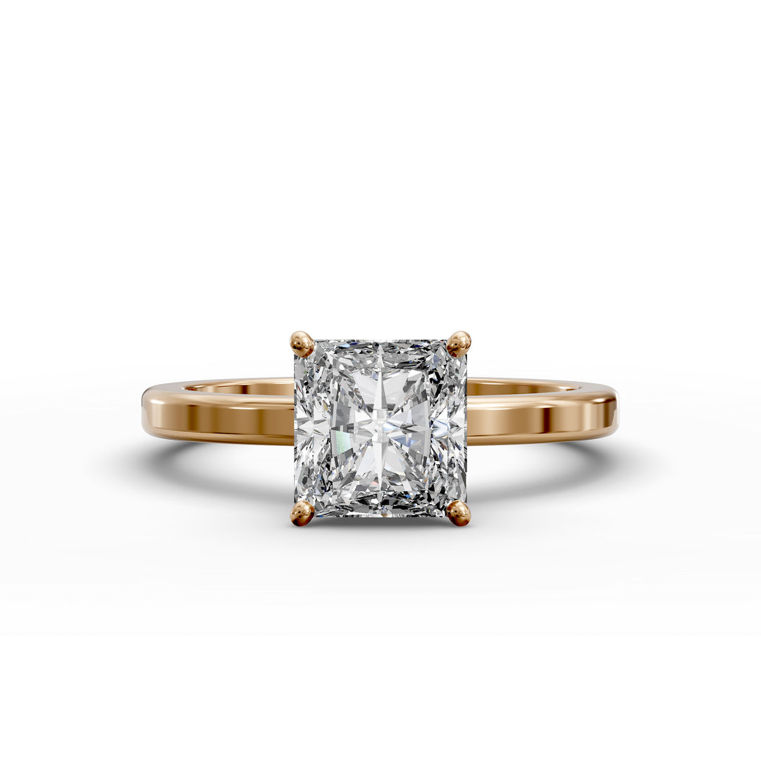 Square radiant diamond solitaire engagement ring shown in front view.