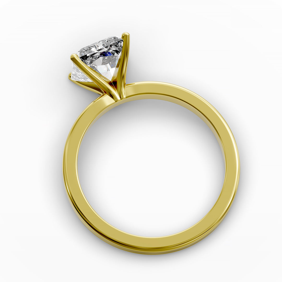 Square radiant diamond solitaire engagement ring shown in front view.