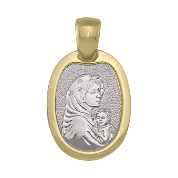 18K two-tone Madonna medal with yellow gold frame and white gold Madonna and Child design, 18.6mm height, 14mm width.