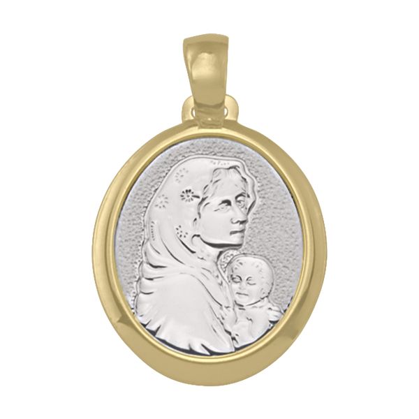 18K two-tone Madonna medal with yellow gold frame and white gold Madonna and Child design, 19.9mm height, 16mm width.