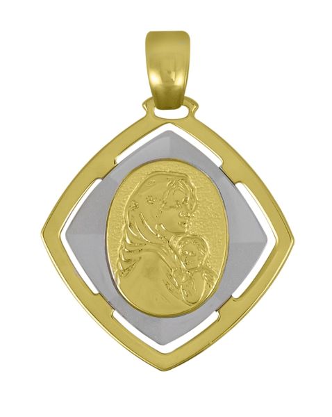 18K two-tone Madonna medal with yellow gold Madonna and Child and white gold accents, 22.5mm height and width.