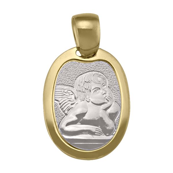 Two-tone 18K gold angel medal, oval-shaped, with engraved cherubic angel, 18.6mm height, 14mm width.