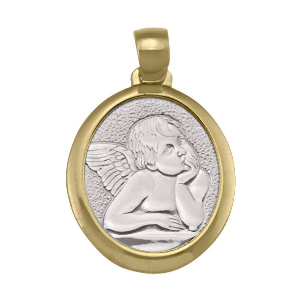 Two-tone 18K gold angel medal, oval-shaped, engraved cherub design, 19.9mm height, 16mm width.