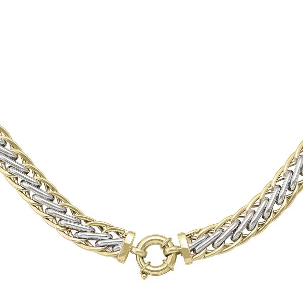 14K two-tone hollow fancy ladies necklace with interwoven yellow and white gold design, 18 inches long and 10.3 mm wide.