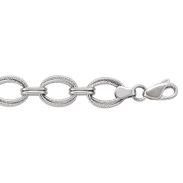 14K white gold hollow fancy bracelet with textured oval links and a lobster clasp, 7.5 inches long.