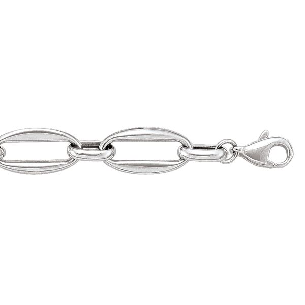 14K white gold hollow fancy link bracelet with bold oval links and lobster clasp, 8 mm wide.