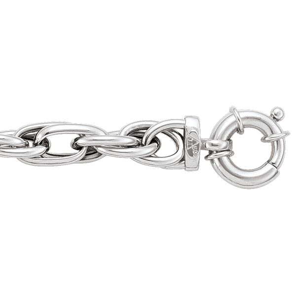 14K white gold hollow fancy bracelet with bold chain links and a spring ring clasp, 9.5 mm wide.