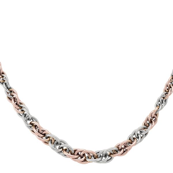 14K pink and white gold fancy hollow necklace with elegant twisted links, 17 inches long and 9 mm wide.