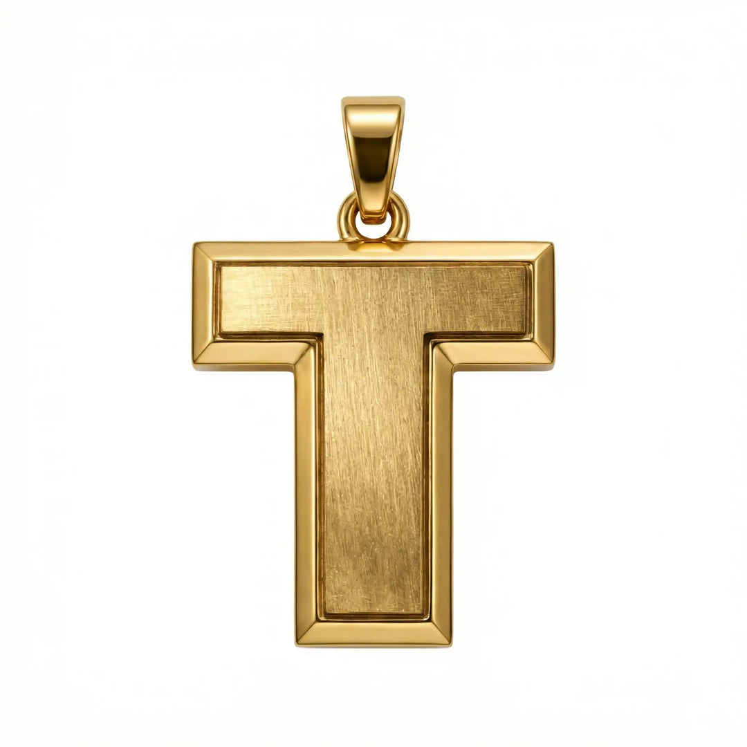 Tau cross pendant with clean T-shaped Christian design displayed on white background.