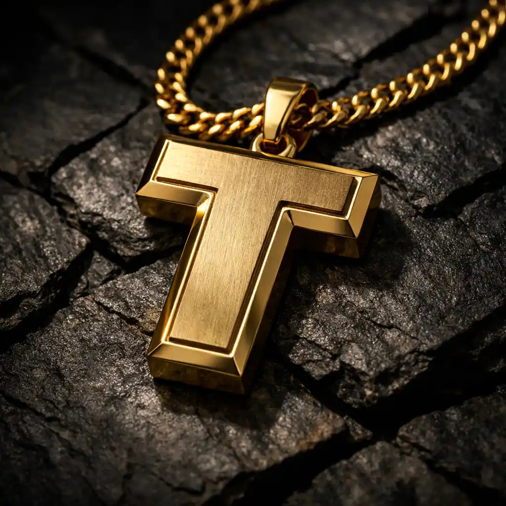 Tau cross pendant with clean T-shaped Christian design displayed on black stone.