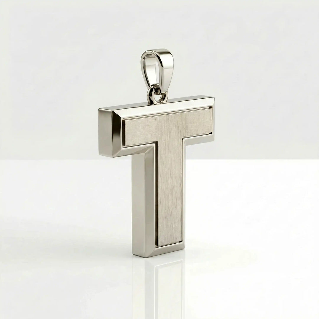 Tau cross pendant with clean T-shaped Christian design displayed on white background.