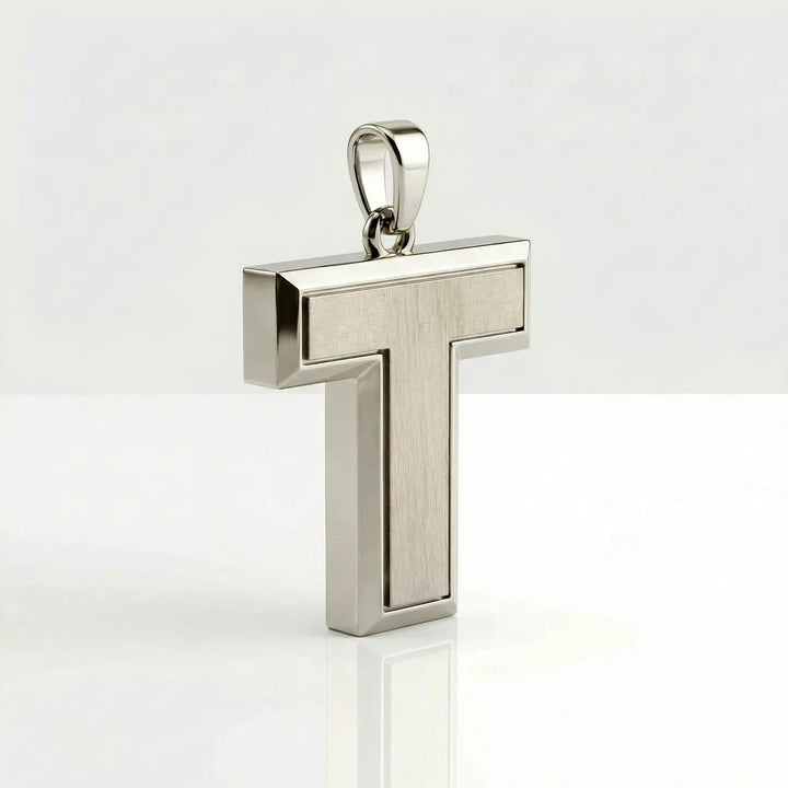 Tau cross pendant with clean T-shaped Christian design displayed on white background.