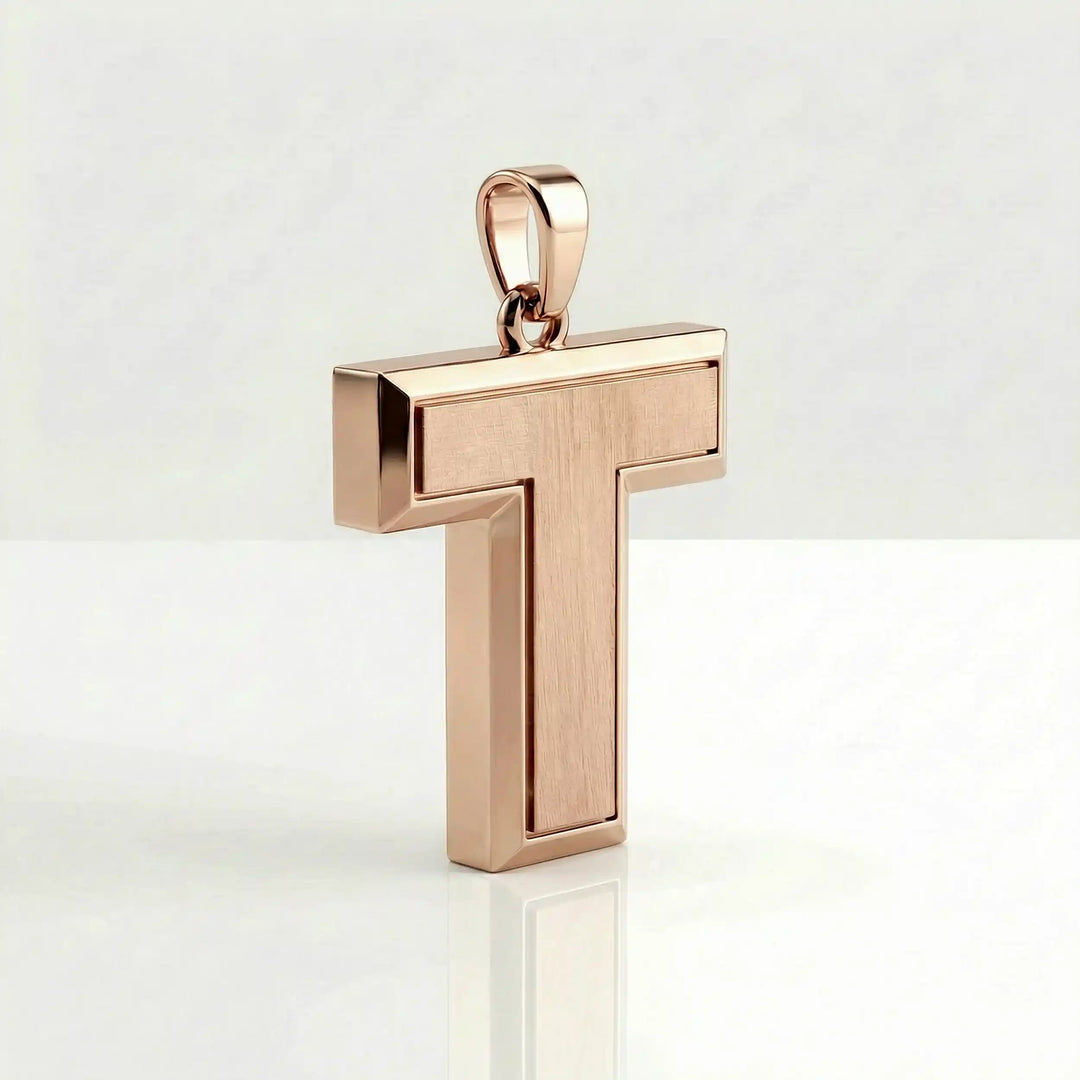 Tau cross pendant with clean T-shaped Christian design displayed on white background.