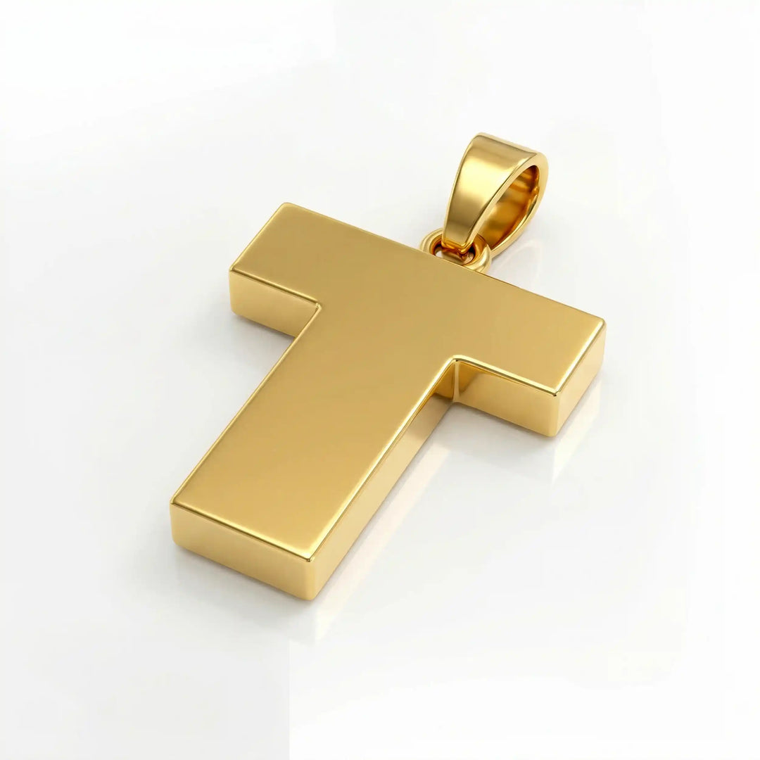Tau cross pendant with clean T-shaped Christian design displayed on white background.
