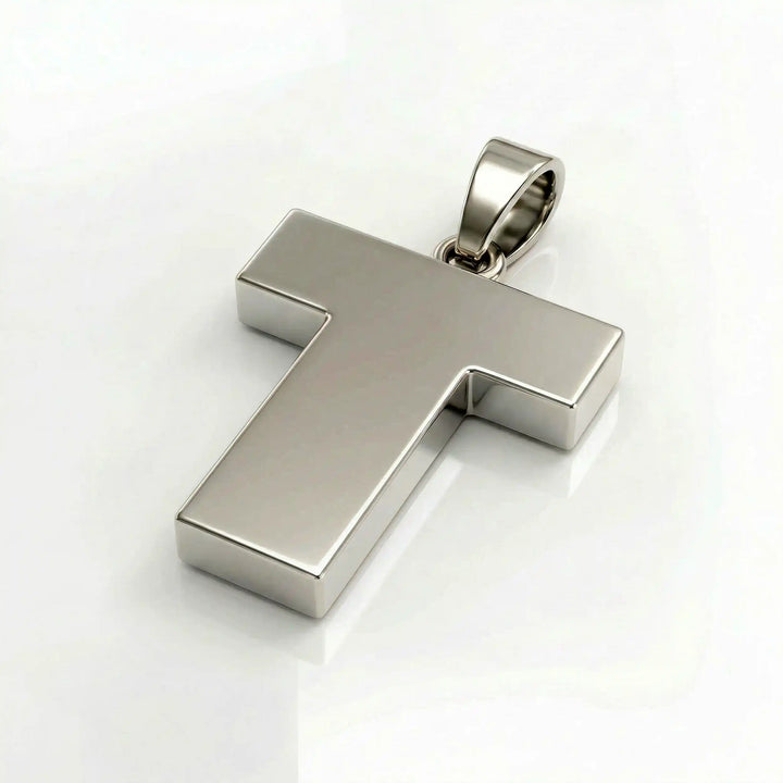 Tau cross pendant with clean T-shaped Christian design displayed on white background.