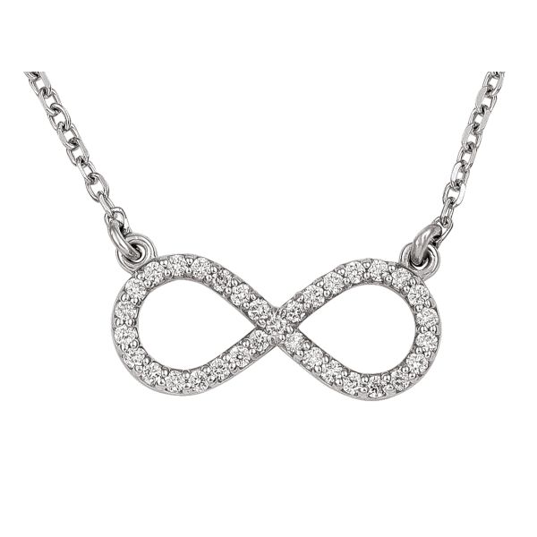 14K white gold infinity necklace with 0.16 CTW natural diamonds and an 18-inch cable chain.