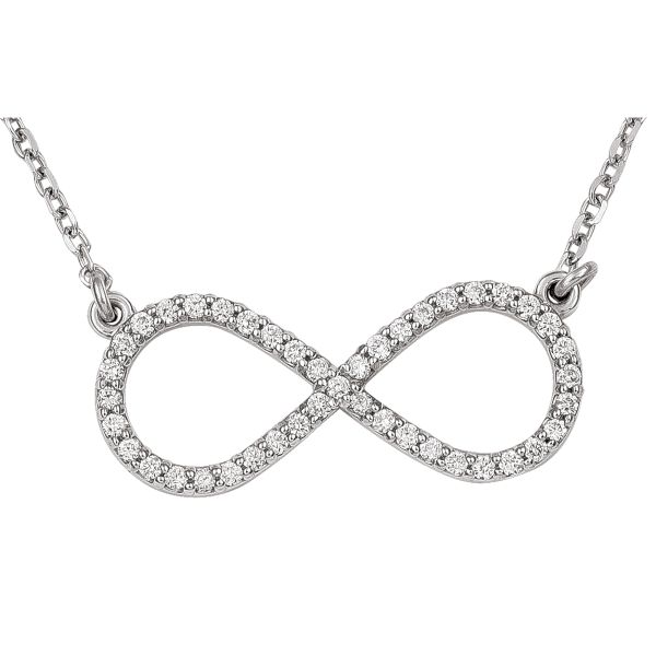 14K white gold necklace with a large diamond infinity pendant and an 18-inch solid cable chain.
