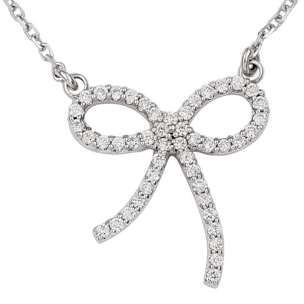 14K white gold diamond bow necklace with 0.24 CTW diamonds and an 18-inch solid cable chain.