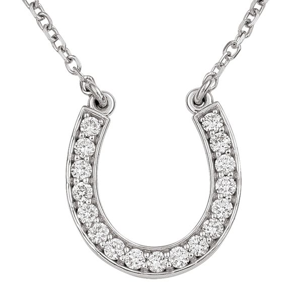 14K white gold diamond horseshoe necklace with 0.25 CTW diamonds and an 18-inch solid cable chain.