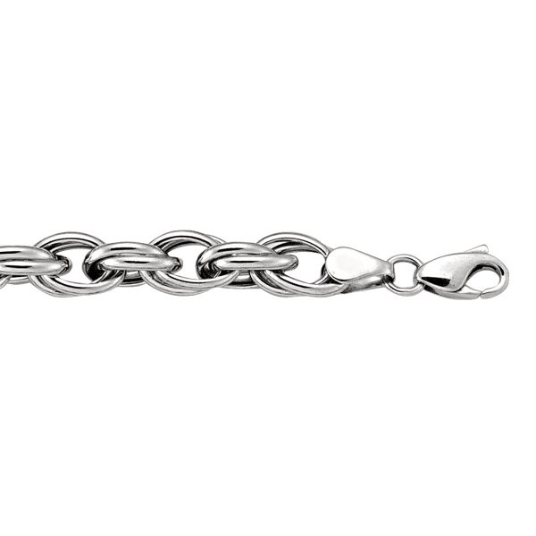 10K white gold hollow link bracelet with polished oval links and lobster clasp, 6.8 mm wide.