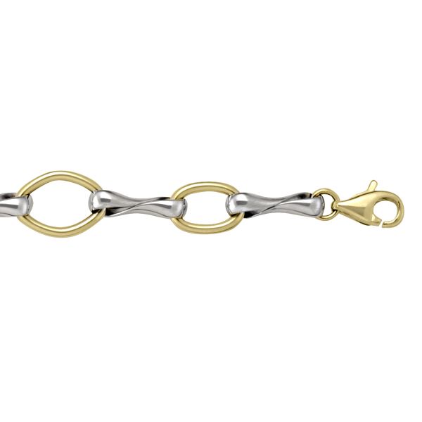 10K two-tone gold hollow fancy link bracelet, 9.9mm width, 7.5" length, with a lobster clasp.