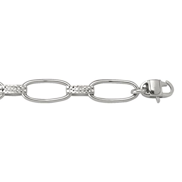 10K white gold hollow fancy bracelet with polished oval links and textured accents, 8.6 mm wide, secured by a fold-over clasp.