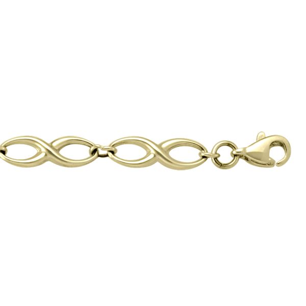 10k yellow gold infinity hollow link bracelet with 5mm width, 7.5" length, and lobster clasp, featuring an elegant infinity design.