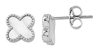 10k white gold mother of pearl clover stud earrings with textured frame.