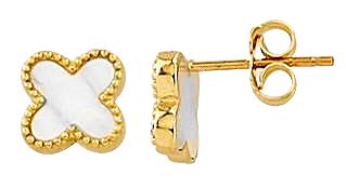 10K yellow gold clover stud earrings with white mother of pearl center, 8mm width

