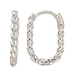 10k white gold twisted oval hoop earrings with 2mm tubing and polished finish.