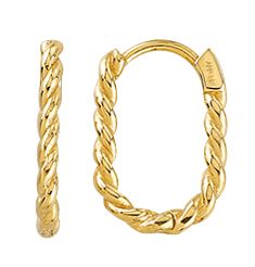 10k yellow gold twisted oval hoop earrings with 2mm tubing and polished finish.