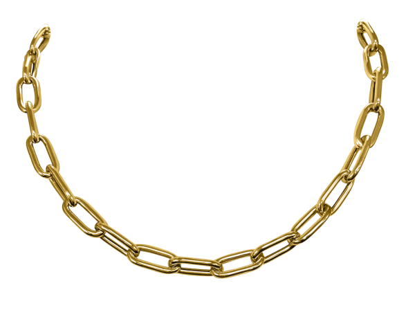 10K yellow gold hollow paperclip necklace, 9mm wide, 18" length, featuring 20mm x 9mm links. Weighs approximately 21.70g.