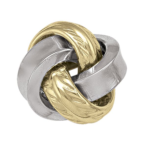 10k two-tone gold love knot stud earrings with yellow and white gold, 11mm x 11mm, lightweight design at 2.4g, featuring polished and textured finishes.