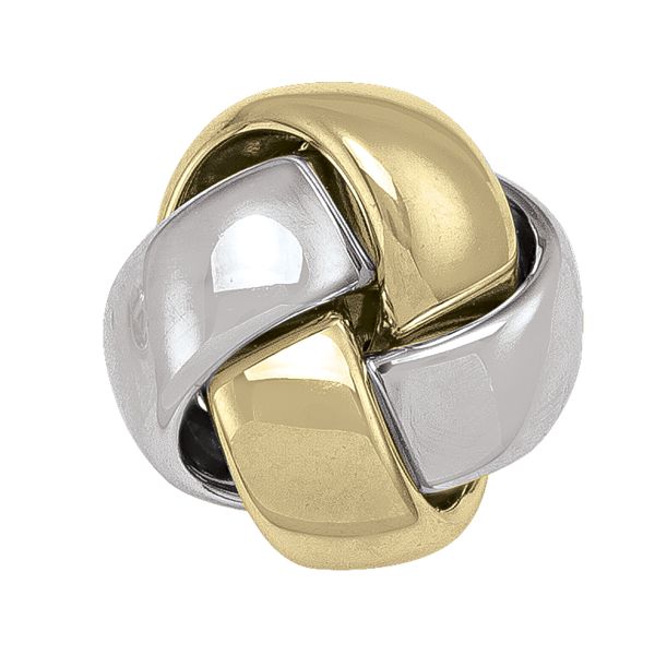 10k two-tone gold love knot stud earrings featuring polished yellow and white gold, 14.2mm x 14.2mm, elegant and durable at 5g.