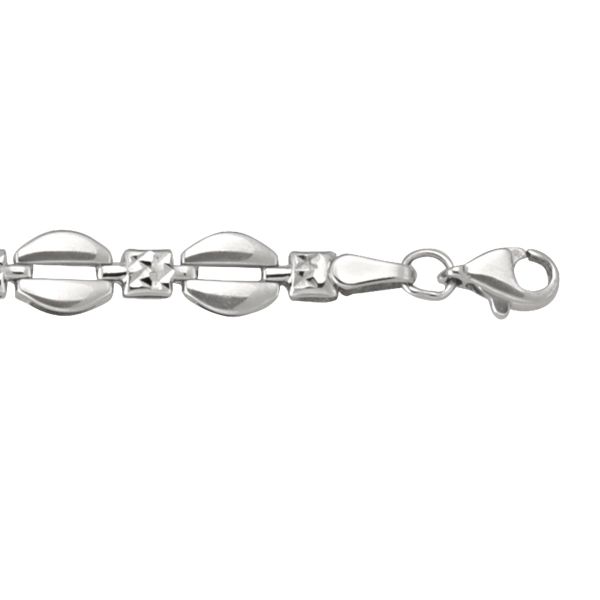 10K white gold hollow fancy bracelet with geometric link pattern and lobster clasp, 6.5 mm wide.