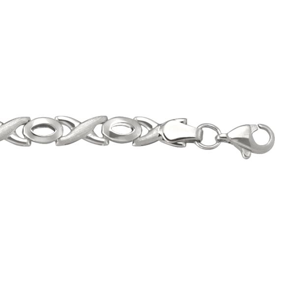 10K white gold hollow fancy bracelet with twisted oval link design and lobster clasp, 4.6 mm wide.