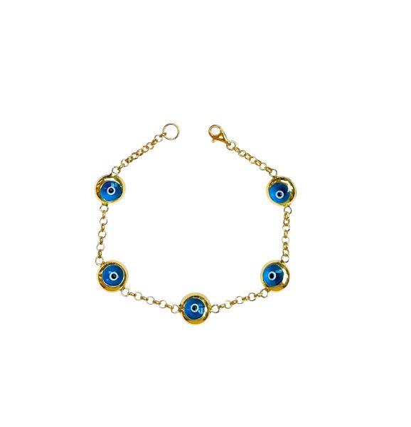 10K yellow gold large evil eye bracelet with blue eye charms, 7" length, weighing 4.8g, featuring a secure clasp.