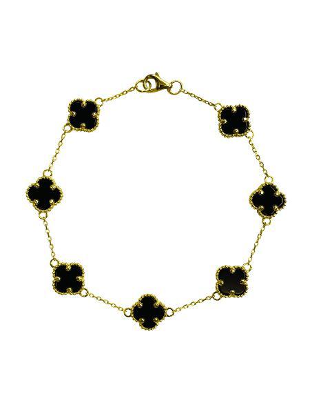 Yellow Gold Onyx Flower Bracelet -  Wide -  inches Long