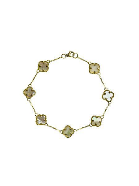 Yellow Gold Mother of Pearl Flower Bracelet -  Wide -  inches Long