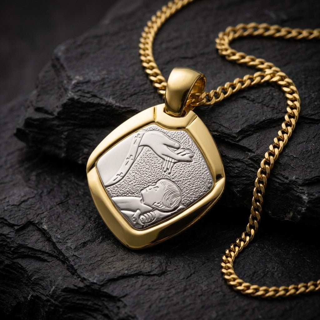 Two-tone gold diamond-shaped baptism medal pendant with a polished yellow gold frame around a white gold stippled panel showing a raised hand pouring water over a sleeping infant beside a priest's stole with crosses, 20 mm wide, on a gold chain resting on dark slate stone
