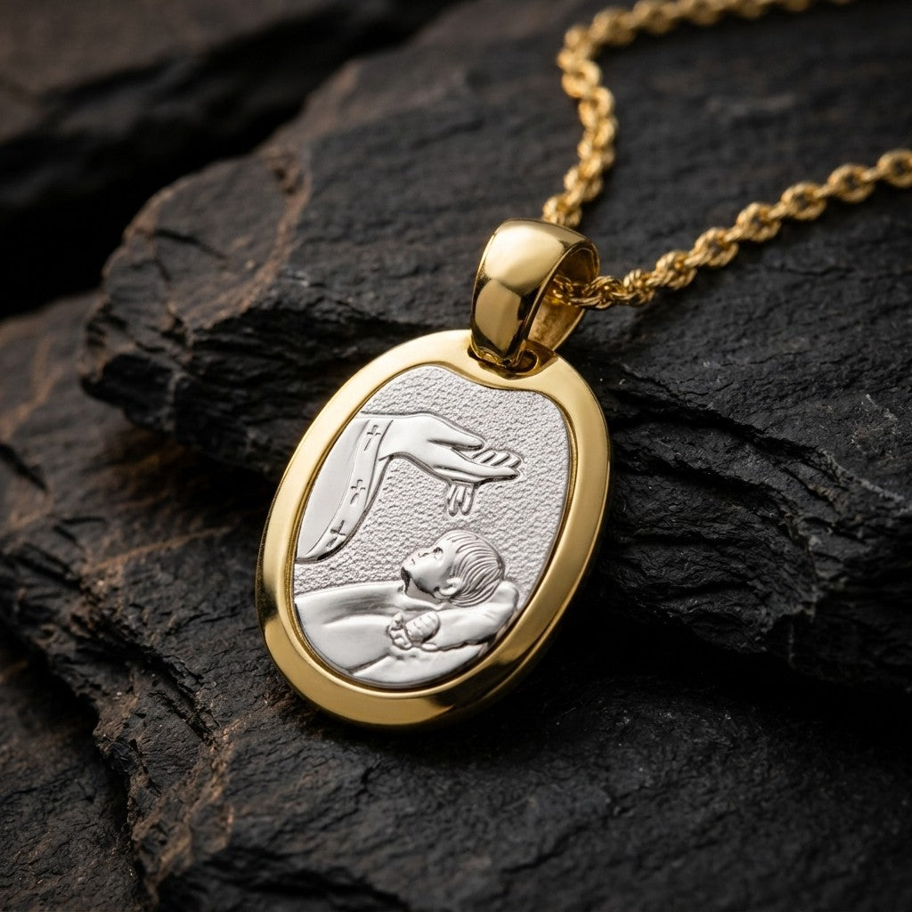 Two-tone gold oval baptism medal pendant with a wide polished yellow gold frame around a white gold stippled panel showing a raised hand pouring water over a sleeping infant beside a priest's stole with crosses, 14 mm wide, on a gold chain resting on dark slate stone