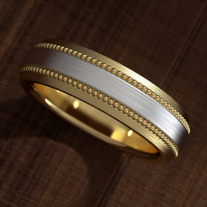 Two-tone hammered wedding band with milgrain edges