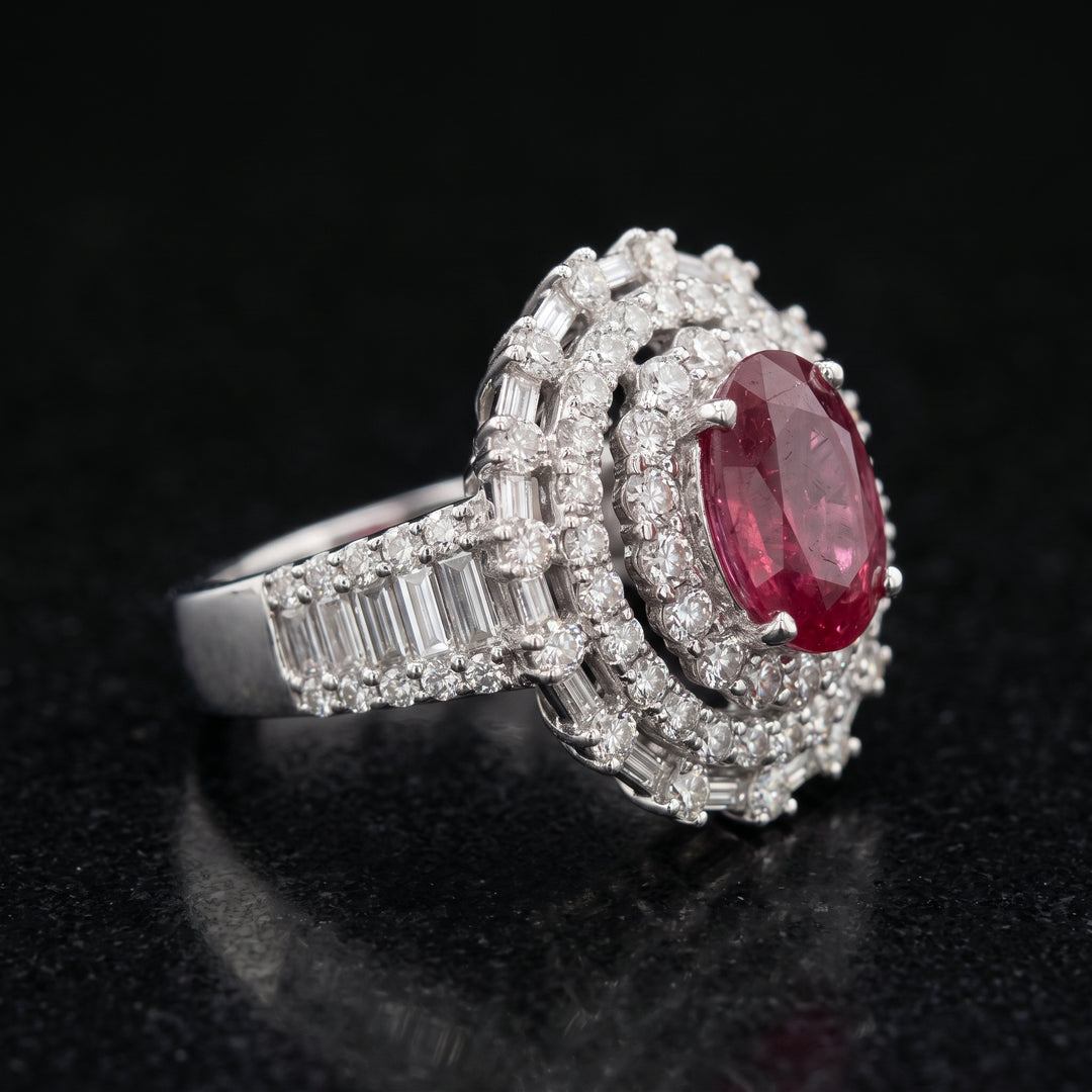 4.30 CT natural unheated ruby ring with 2.62 CT diamonds in 18K white gold.