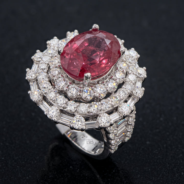4.30 CT natural unheated ruby ring with 2.62 CT diamonds in 18K white gold.