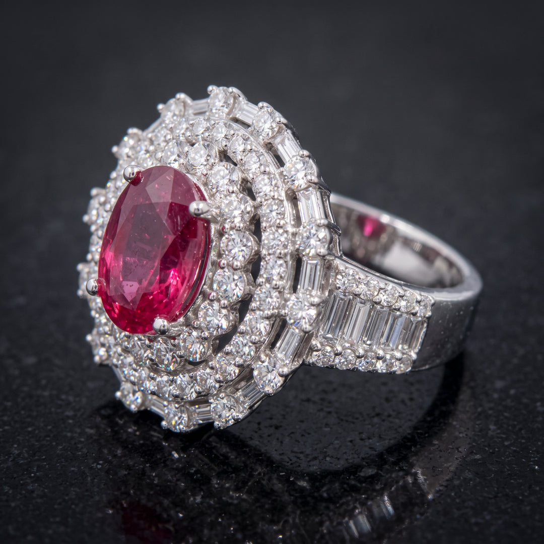 4.30 CT natural unheated ruby ring with 2.62 CT diamonds in 18K white gold.