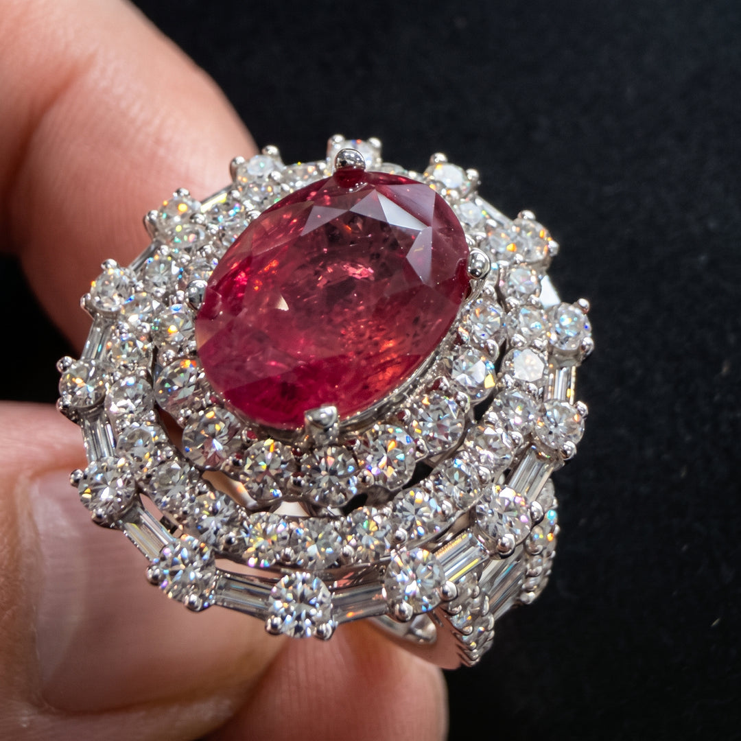 4.30 CT natural unheated ruby ring with 2.62 CT diamonds in 18K white gold.